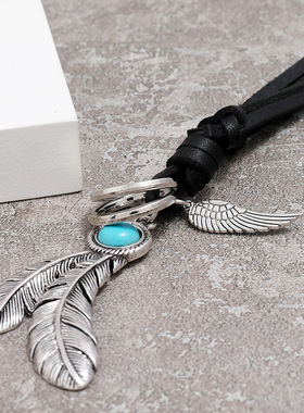 民族风黑色牛皮项链羽毛吊坠