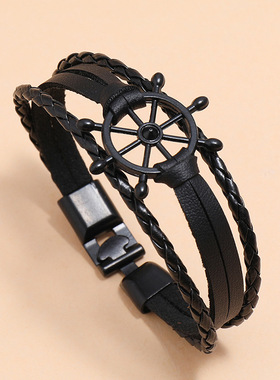 外贸货源欧美跨境时尚配饰黑色个性船舵编织手链男士皮革手环
