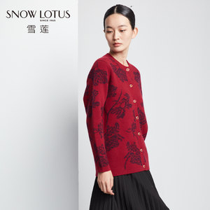 雪莲纯山羊绒衫圆领开衫女士提花加厚宽松长袖针织衫外套毛衣女士