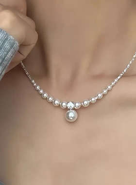 高级感碎银子金属珍珠项链女法式复古个性简约百搭气质颈链锁骨链