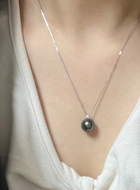 奥地利进口10mm施家珍珠戴妃项链大溪地黑珍珠耳钉S925银锁骨链女