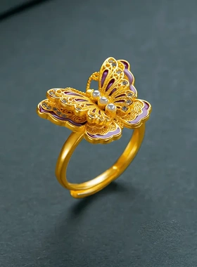 小众设计感珍珠蝴蝶戒指沙金时尚双层珐琅彩大蝴蝶戒指可调节指环