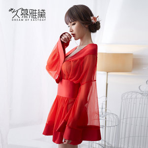 久慕雅黛浴袍睡裙女夏秋季日式长袖低胸大码睡袍亮丝透明和服睡衣