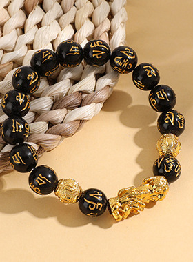 仿3D硬金99保色越南沙金手链男士貔貅手串路路通黑曜石久不掉色