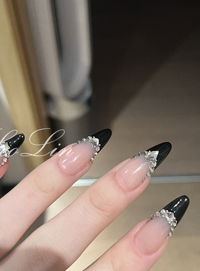ScoLin【恶女角色卡】手工定制穿戴甲施华洛 黑法式满钻长尖圆