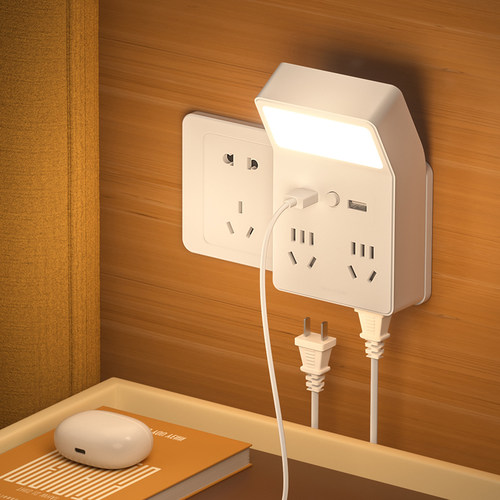 转换器插座插头三插带USB小夜灯多功能扩展一转二三四魔方多插位 - 图1