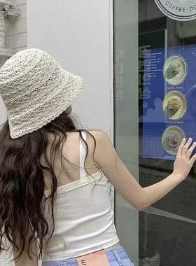 2024新款帽女韩国东大门编织镂空开叉防晒帽渔夫帽夏季防晒