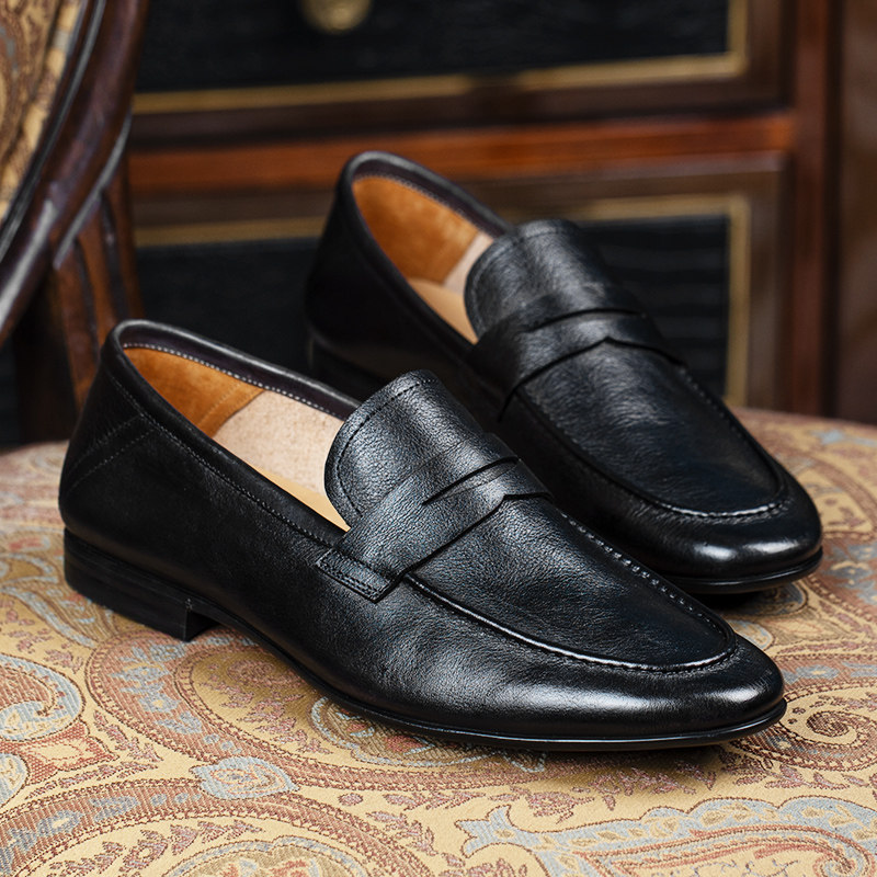 弓长梦男鞋新款头层真皮休闲皮鞋圆头英伦风一脚蹬套脚透气乐福鞋,淘宝优惠券,粉丝福利购,淘宝优惠卷