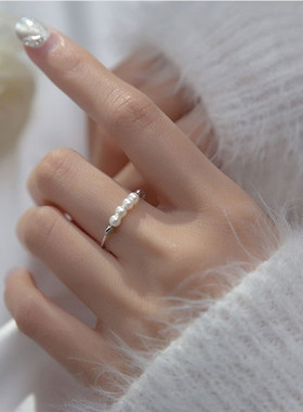 纯银韩版开口合成珍珠甜美风尾戒