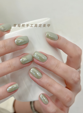 纯手工定制欧美网红奶绿裸色欧美纯色高级穿戴甲美甲成品婚甲孕妇