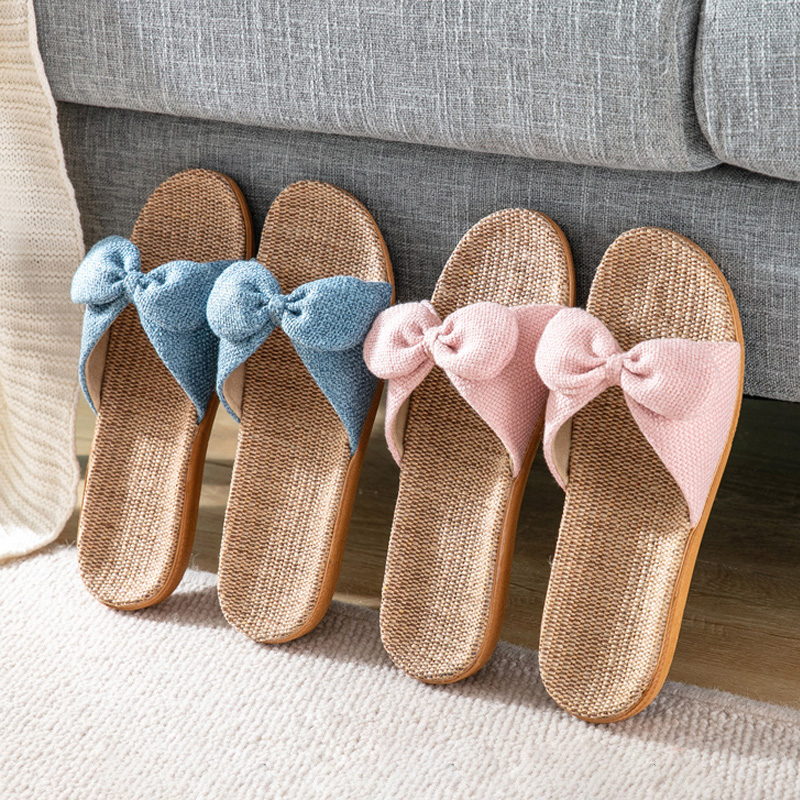 日式蝴蝶结居家亚麻拖鞋女款2024新款夏季室内家居棉麻编织凉拖鞋
