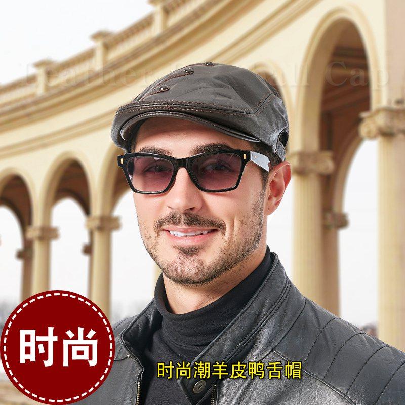韩版真皮帽子男羊皮鸭舌帽秋天户外保暖贝雷帽复古前进帽潮黑色_虎窝淘