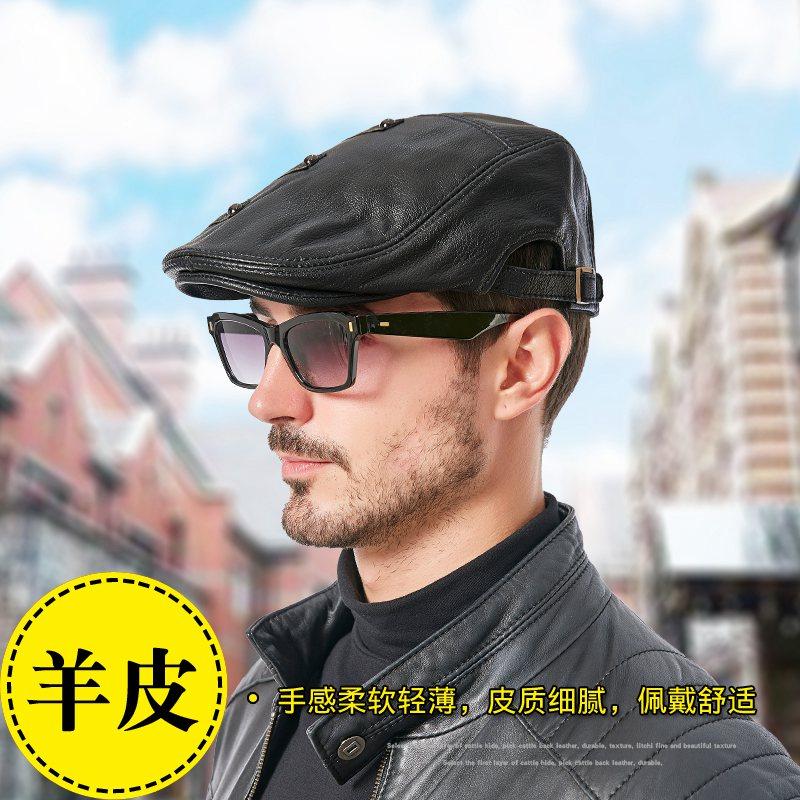 韩版真皮帽子男羊皮鸭舌帽秋天户外保暖贝雷帽复古前进帽潮黑色_虎窝淘