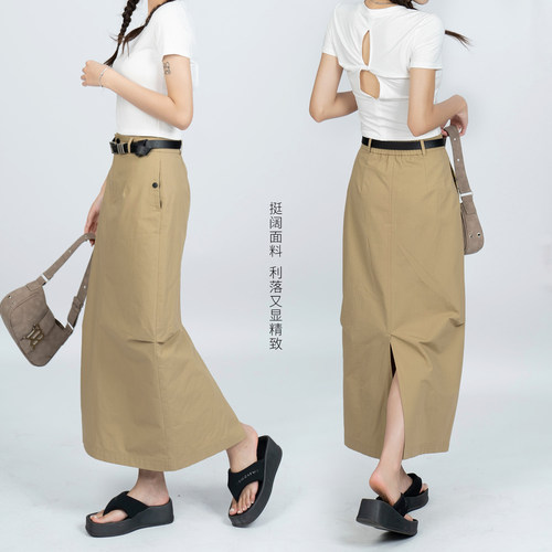 卡其色挺阔半身裙女春秋百搭美式高街包臀工装裙开叉高腰直筒长裙 - 图2
