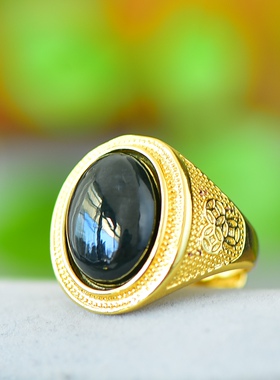 天然和田玉青玉戒指沙金镶嵌玉石指环复古宫廷风时尚个性食指戒