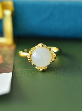 铜镶嵌和田玉白玉珠子时尚戒指女沙金指环节日礼物