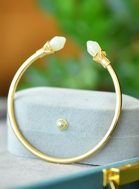 古法金镶和田玉白玉手镯女古风汉服玉兰花镯子七夕节送女友不掉色