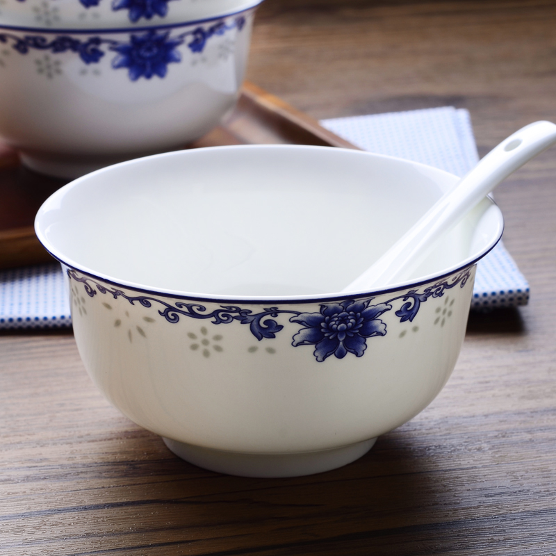 复古青花瓷吃饭碗汤碗防烫金钟碗单个小碗骨瓷碗碟餐具套装碗家用