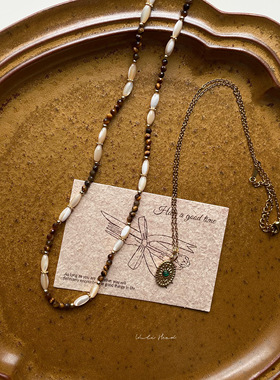 贝壳虎眼串珠钛钢叠戴项链