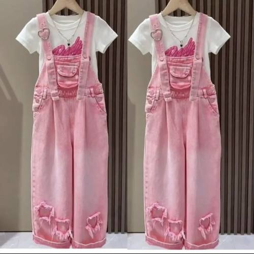 女童牛仔背带裤夏季套装2025新款洋气网红短袖中大童两件套潮 - 图1