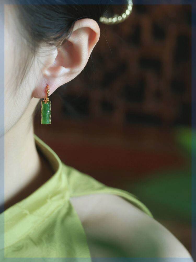 S925纯银镶嵌和田玉碧玉竹节耳环女新中式国风旗袍汉服耳耳坠饰品