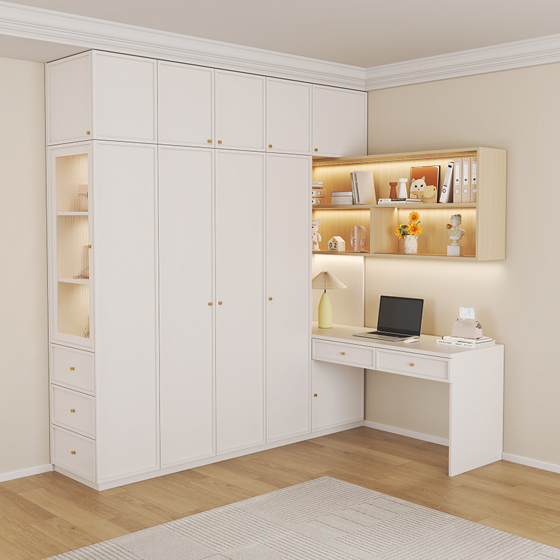 法式奶油风卧室转角衣柜带书桌一体北欧儿童学习桌书架组合收纳柜,淘宝优惠券,粉丝福利购,淘宝优惠卷