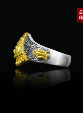 49原创设计S925纯银电镀金扎基拉姆财神做旧民族风藏传精工戒指