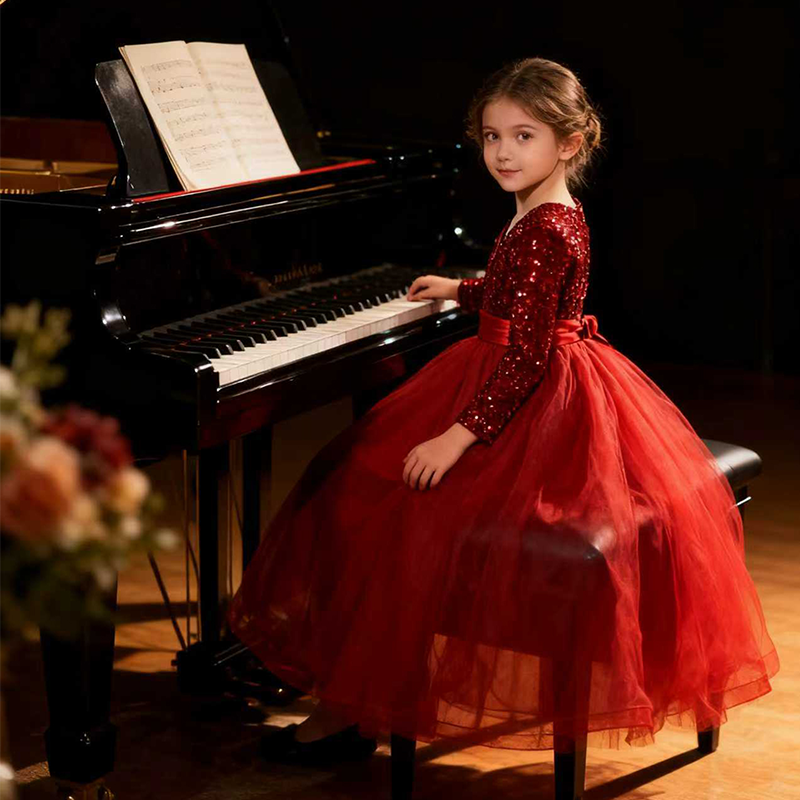 女童长袖礼服红色亮片轻奢洋服气公主裙圣诞新年生日主持钢琴演出,淘宝优惠券,粉丝福利购,淘宝优惠卷