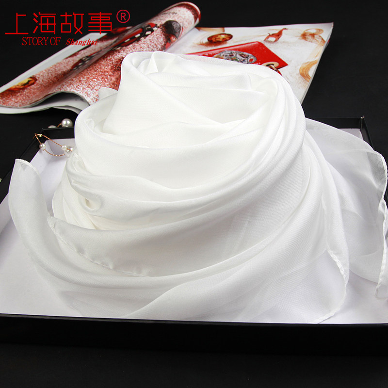 上海故事白色长条春秋长仿雪纺丝巾 轻罗服饰配件围巾/丝巾/披肩