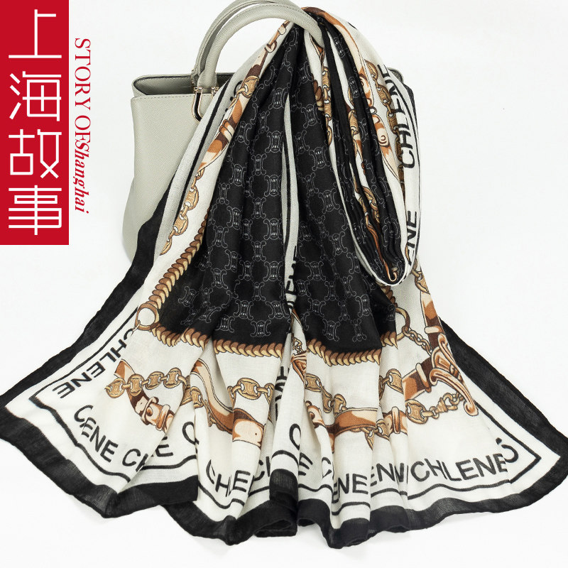 上海故事黑色外搭长防晒亚麻披肩 轻罗服饰配件围巾/丝巾/披肩
