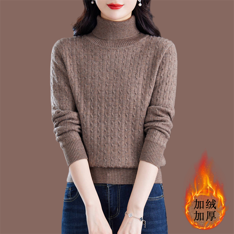 高端羊绒衫女高领一体绒毛衣冬季两翻领加绒加厚短款打底衫 - 图2