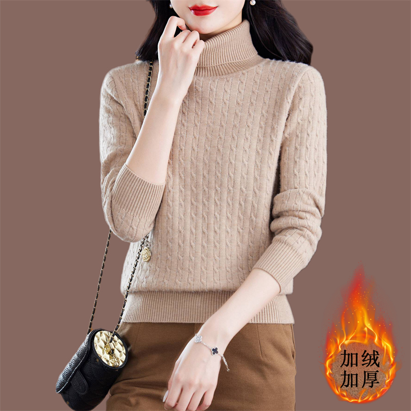 高端羊绒衫女高领一体绒毛衣冬季两翻领加绒加厚短款打底衫 - 图0