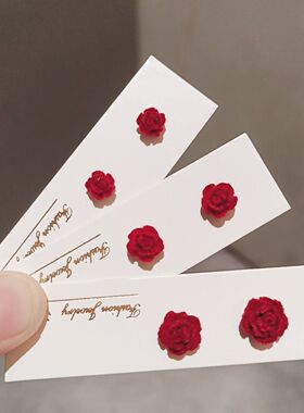 红色植绒玫瑰花耳钉女2025年新款爆款小众设计感高级耳钉过年耳饰
