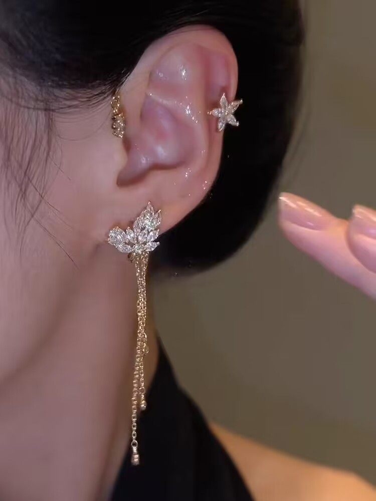 花之绽放流苏耳挂无耳洞耳饰小众设计高级感2024年新款潮甜美耳夹,淘宝优惠券,粉丝福利购,淘宝优惠卷