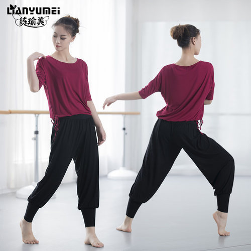 舞蹈服女套装成人形体民族教师中长袖莫代尔宽松现代舞练功服上衣 - 图1
