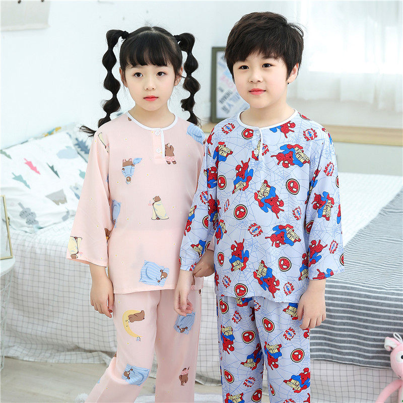 夏季棉绸小孩睡衣套装长袖薄家居服 欧比熊家居服套装