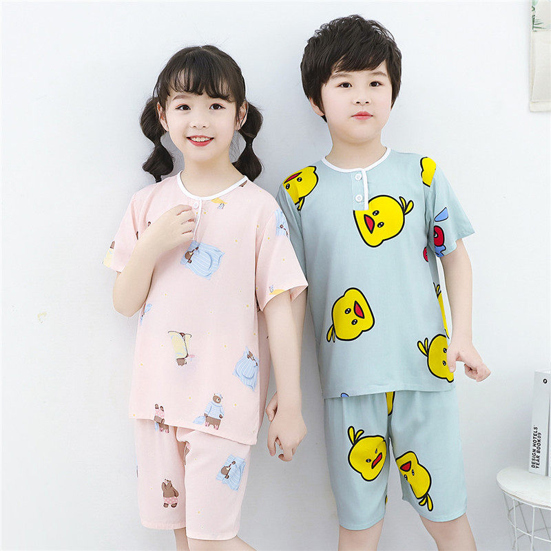 夏季男童棉绸纯棉秋短袖空调睡衣 欧比熊家居服套装