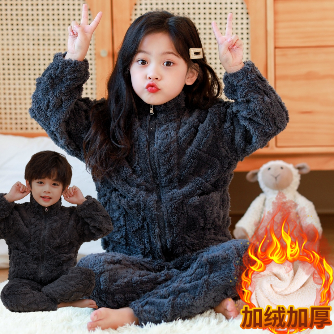 儿童睡衣法兰绒春秋冬季加厚款珊瑚绒女童家居服男童小孩加绒宝宝 - 图1