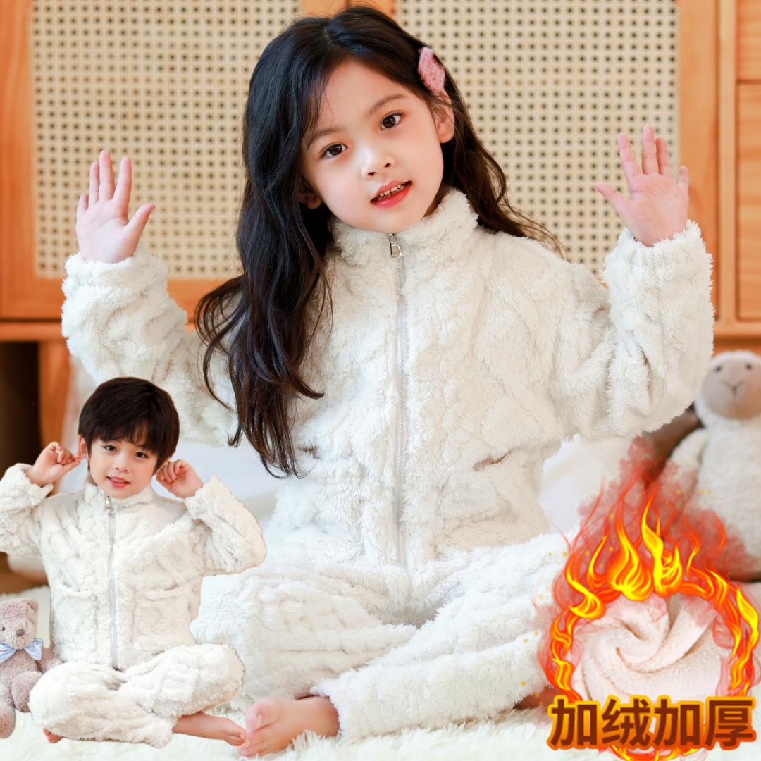 儿童睡衣法兰绒春秋冬季加厚款珊瑚绒女童家居服男童小孩加绒宝宝 - 图2