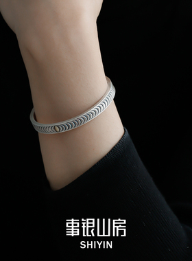 弦月纹 纯银手镯情侣手环999足银实心手工复古风文艺原创定做开口