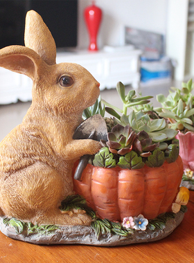 树脂多肉植物花盆仿真小兔子摆件