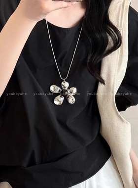 韩系复古银色花朵吊坠项链女夸张高级感长款ins风卫衣链个性配饰