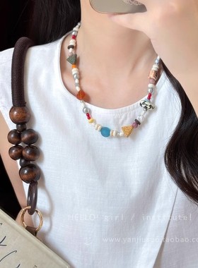 彩色多巴胺串珠项链女2025新款夏日甜美锁骨链复古天然石颈链配饰