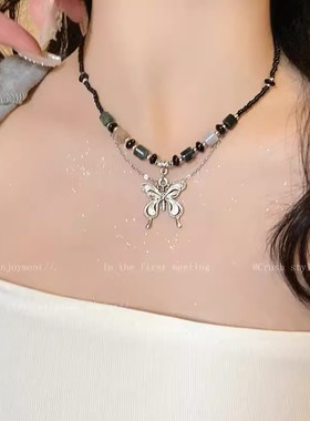 新中式蝴蝶串珠项链女ins嘻哈潮酷辣妹配饰民族风复古装饰锁骨链