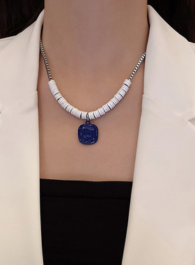 欧美ins风嘻哈钛钢项链女小众设计感蓝色方块吊坠锁骨链时尚配饰