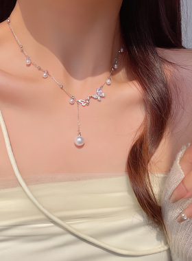 珍珠流苏蝴蝶钛钢项链女设计感高级气质毛衣链锁骨链轻奢小众颈链