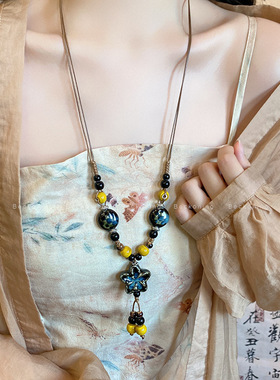 新中式陶瓷串珠花朵项链女民族风复古旗袍颈链文艺气质长款毛衣链
