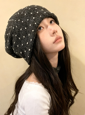 韩系黑色波点针织帽女秋冬2026新款护耳保暖毛线冷帽显脸小包头帽