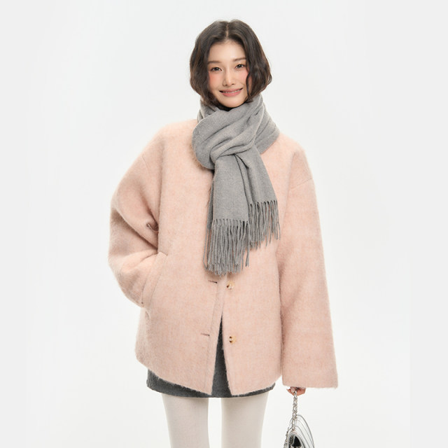 King Prince pink woolen coat women's winter high-end loose silhouette thickened woolen cardigan