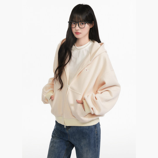 King Prince autumn Korean style loose striped cardigan hooded sweatshirt women's casual long-sleeved jacket